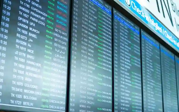 공항 체크인 카운터의 항공편 안내 전광판